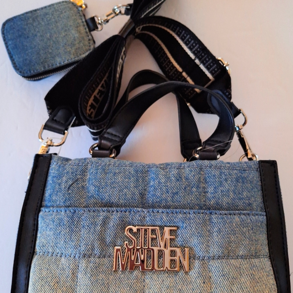 Steve Madden Small Blivona tote bag. Guitar strap & top Handle. 2 tone denim.